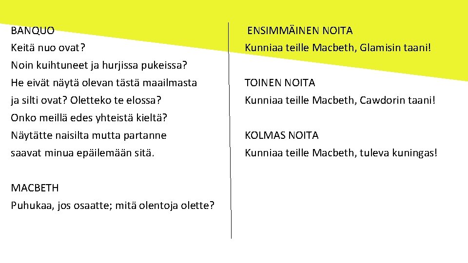 BANQUO Keitä nuo ovat? Noin kuihtuneet ja hurjissa pukeissa? He eivät näytä olevan tästä