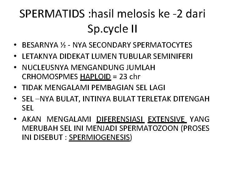 SPERMATIDS : hasil melosis ke -2 dari Sp. cycle II • BESARNYA ½ -