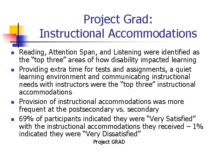 Project Grad: Instructional Accommodations n n Reading, Attention Span, and Listening were identified as