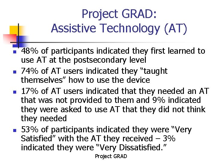 Project GRAD: Assistive Technology (AT) n n 48% of participants indicated they first learned