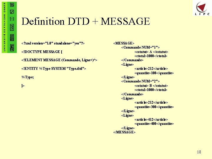 Definition DTD + MESSAGE <? xml version="1. 0" standalone="yes"? > <!DOCTYPE MESSAGE [ <!ELEMENT