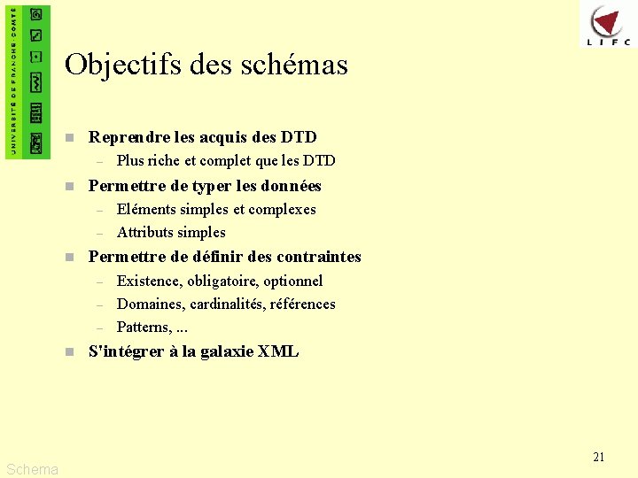 Objectifs des schémas n Reprendre les acquis des DTD – n Permettre de typer