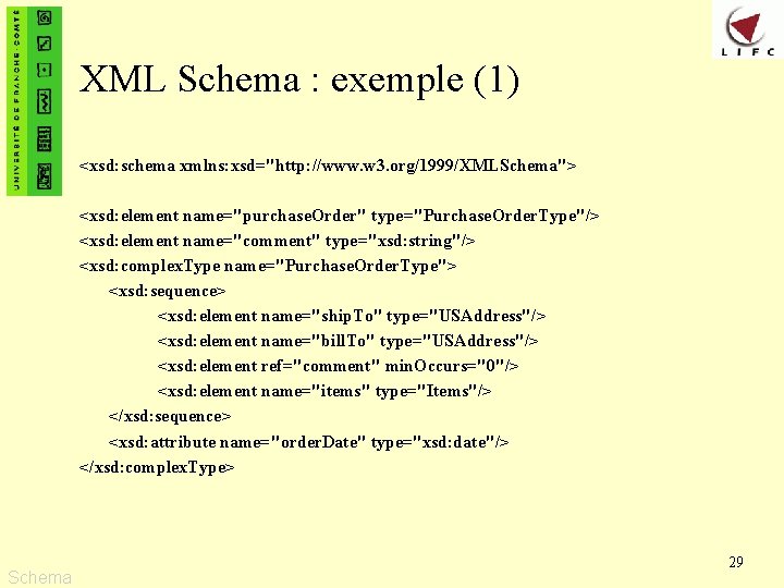 XML Schema : exemple (1) <xsd: schema xmlns: xsd="http: //www. w 3. org/1999/XMLSchema"> <xsd: