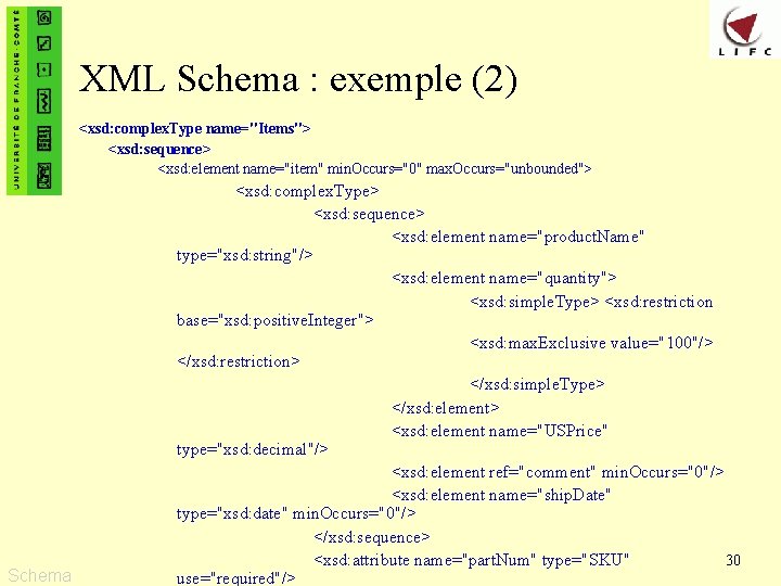 XML Schema : exemple (2) <xsd: complex. Type name="Items"> <xsd: sequence> <xsd: element name="item"