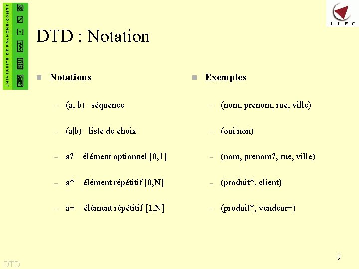 DTD : Notation n DTD Notations n Exemples – (a, b) séquence – (nom,