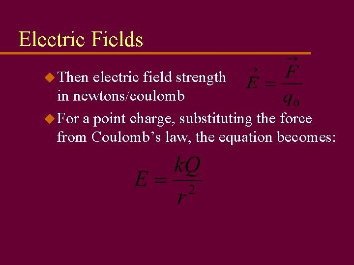 Electric Fields u Then electric field strength in newtons/coulomb u For a point charge,