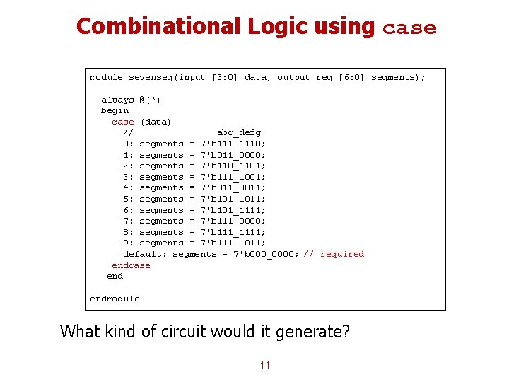 Combinational Logic using case module sevenseg(input [3: 0] data, output reg [6: 0] segments);