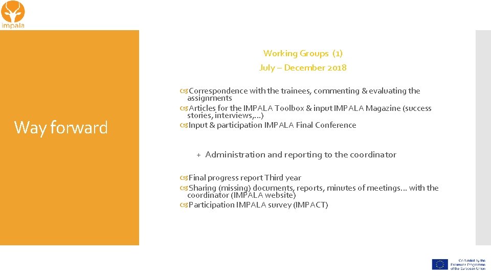 Working Groups (1) July – December 2018 Way forward Correspondence with the trainees, commenting