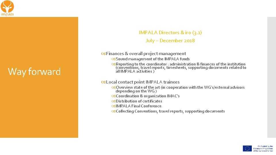 IMPALA Directors & iro (3. 1) July – December 2018 Finances & overall project