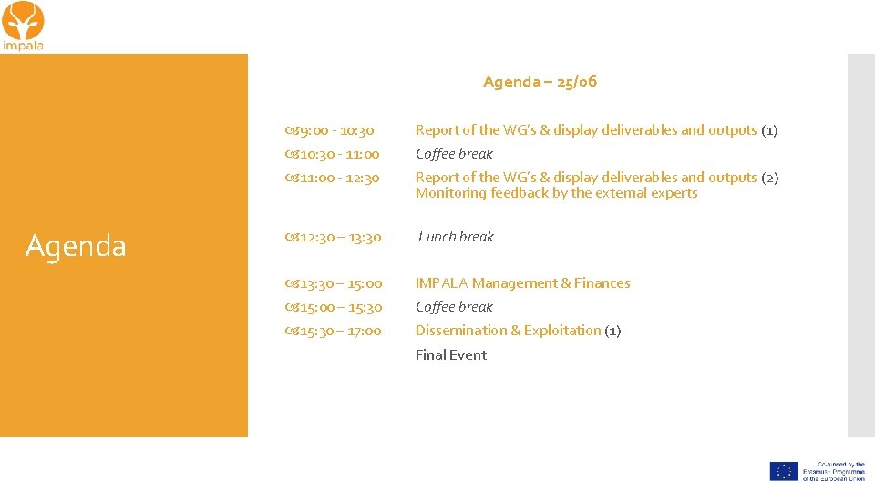 Agenda – 25/06 Agenda 9: 00 - 10: 30 Report of the WG’s &
