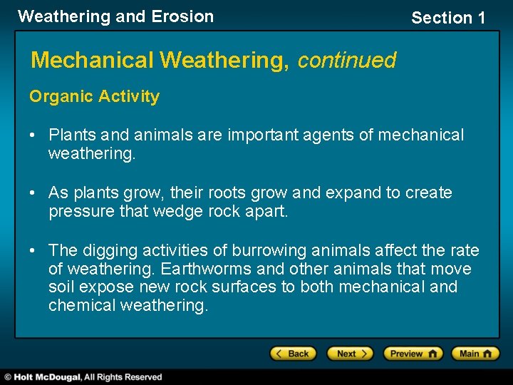 Weathering and Erosion Section 1 Mechanical Weathering, continued Organic Activity • Plants and animals