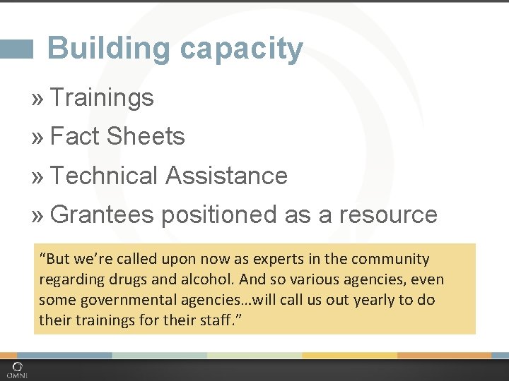 Building capacity » Trainings » Fact Sheets » Technical Assistance » Grantees positioned as