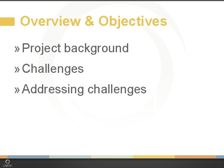 Overview & Objectives » Project background » Challenges » Addressing challenges 