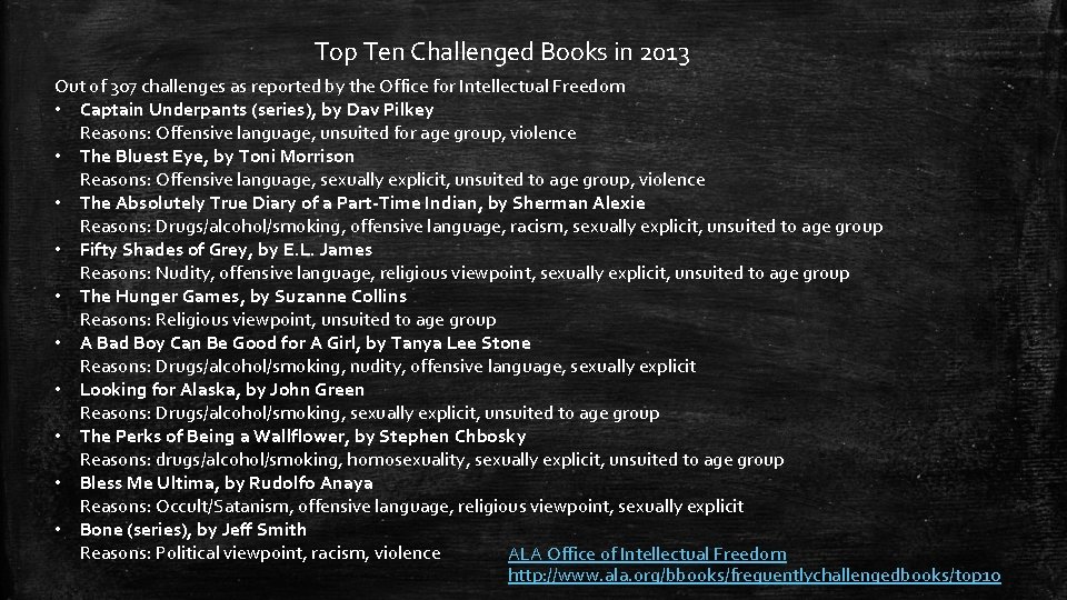 Top Ten Challenged Books in 2013 Out of 307 challenges as reported by the