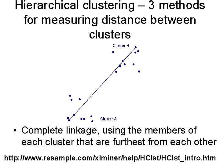 Hierarchical clustering – 3 methods for measuring distance between clusters • Complete linkage, using