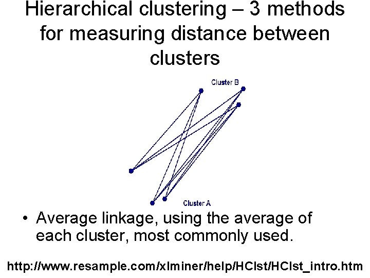 Hierarchical clustering – 3 methods for measuring distance between clusters • Average linkage, using