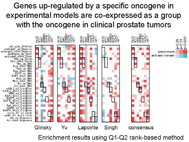 Genes up-regulated by a specific oncogene in experimental models are co-expressed as a group