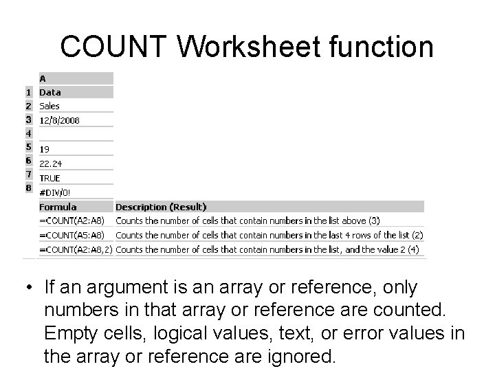 COUNT Worksheet function • If an argument is an array or reference, only numbers