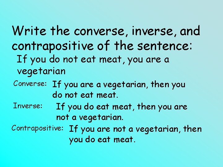 Write the converse, inverse, and contrapositive of the sentence: If you do not eat
