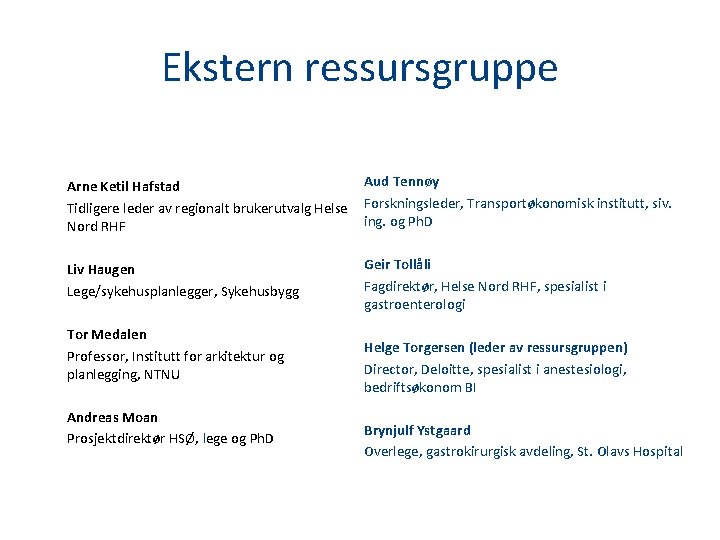 Ekstern ressursgruppe Arne Ketil Hafstad Tidligere leder av regionalt brukerutvalg Helse Nord RHF Aud