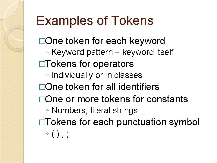 Examples of Tokens �One token for each keyword ◦ Keyword pattern = keyword itself