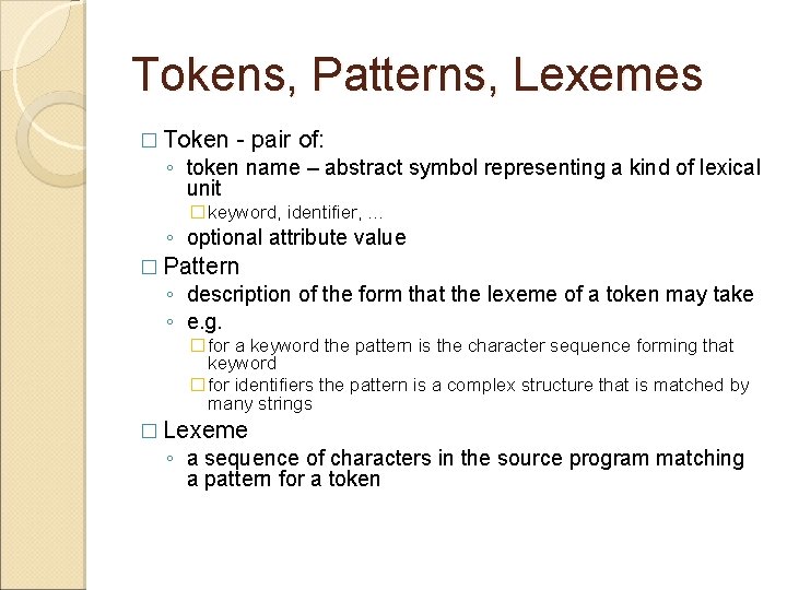 Tokens, Patterns, Lexemes � Token - pair of: ◦ token name – abstract symbol