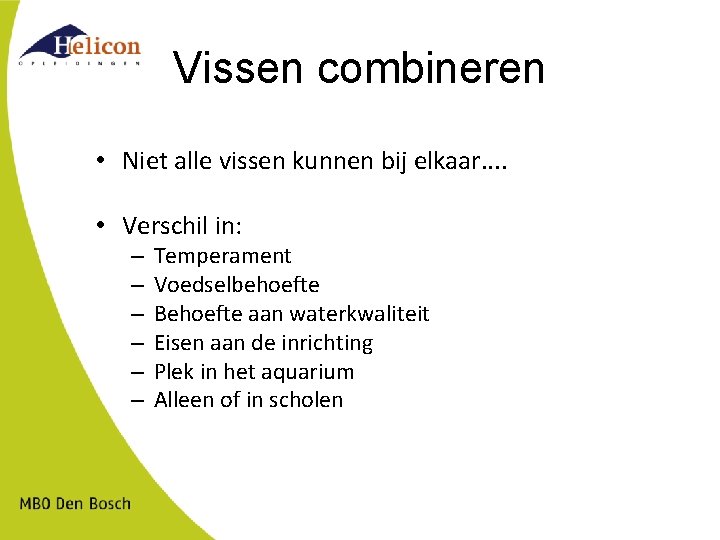 Vissen combineren • Niet alle vissen kunnen bij elkaar. . • Verschil in: –