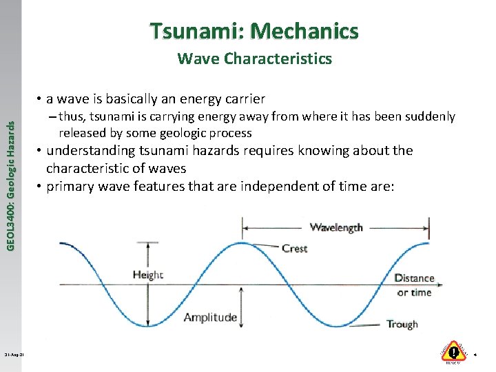 Tsunami: Mechanics Wave Characteristics GEOL 3400: Geologic Hazards • a wave is basically an