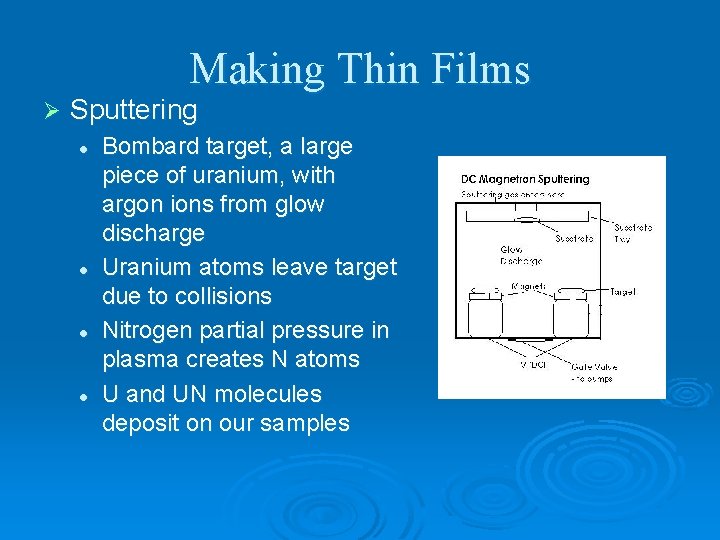 Making Thin Films Ø Sputtering l l Bombard target, a large piece of uranium,