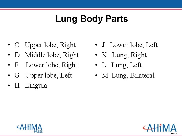 Lung Body Parts • • • C D F G H Upper lobe, Right