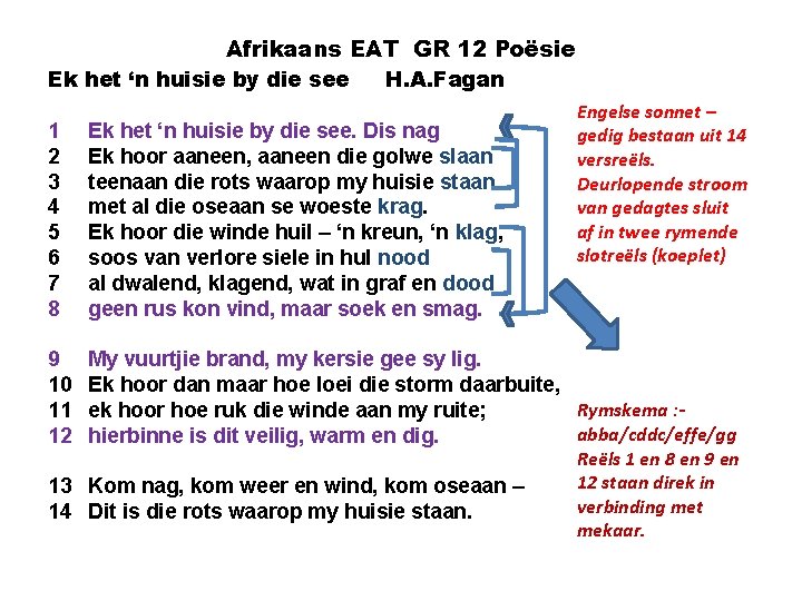 Afrikaans EAT GR 12 Poësie Ek het ‘n huisie by die see H. A.