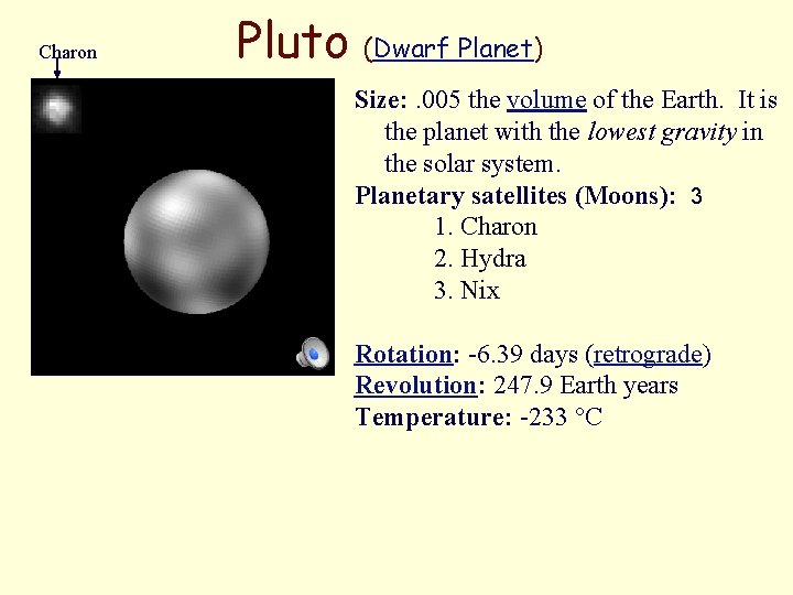 Charon Pluto (Dwarf Planet) Size: . 005 the volume of the Earth. It is Charon Pluto (Dwarf Planet) Size: . 005 the volume of the Earth. It is