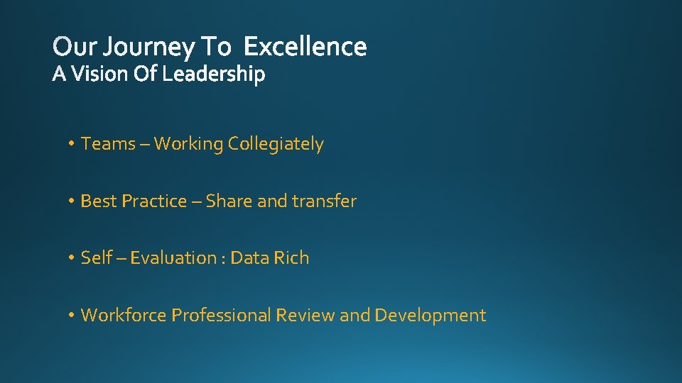  • Teams – Working Collegiately • Best Practice – Share and transfer •