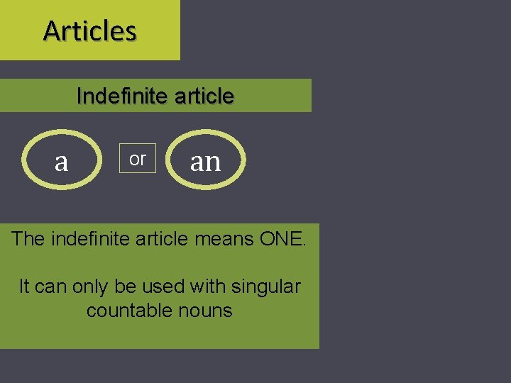 Articles Indefinite article a or an The indefinite article means ONE. It can only