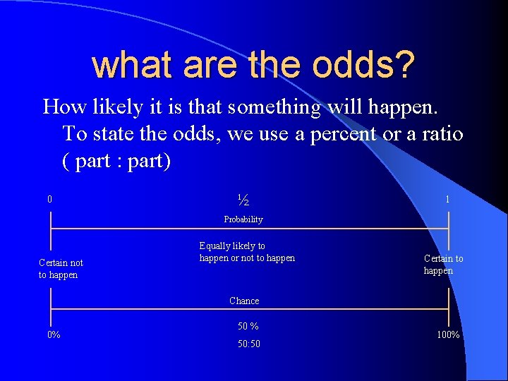 what are the odds? How likely it is that something will happen. To state