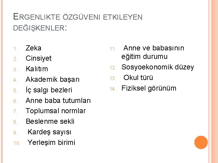 ERGENLIKTE ÖZGÜVENI ETKILEYEN DEĞIŞKENLER: 1. 2. 3. 4. 5. 6. 7. 8. 9. 10.