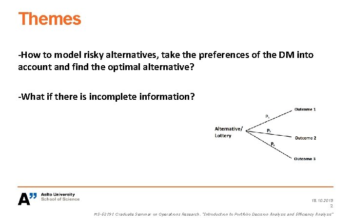 Themes -How to model risky alternatives, take the preferences of the DM into account