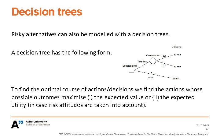 Decision trees Risky alternatives can also be modelled with a decision trees. A decision