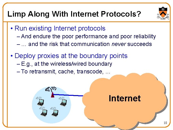 Limp Along With Internet Protocols? • Run existing Internet protocols – And endure the