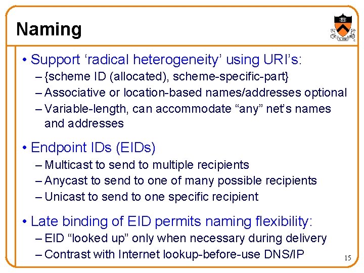 Naming • Support ‘radical heterogeneity’ using URI’s: – {scheme ID (allocated), scheme-specific-part} – Associative