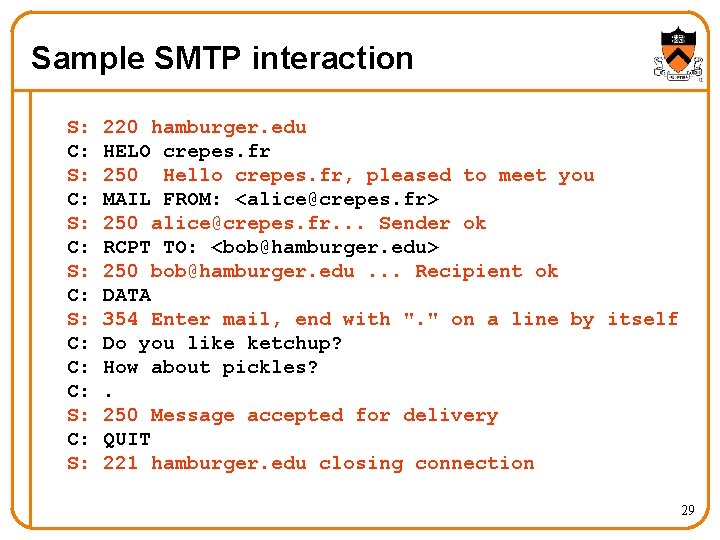 Sample SMTP interaction S: C: S: C: C: C: S: 220 hamburger. edu HELO