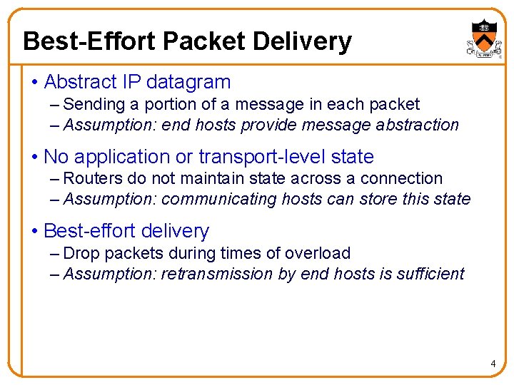 Best-Effort Packet Delivery • Abstract IP datagram – Sending a portion of a message