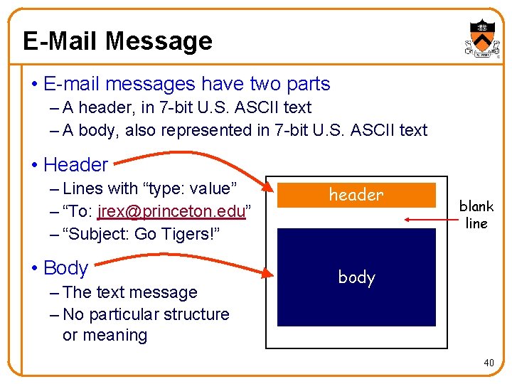 E-Mail Message • E-mail messages have two parts – A header, in 7 -bit