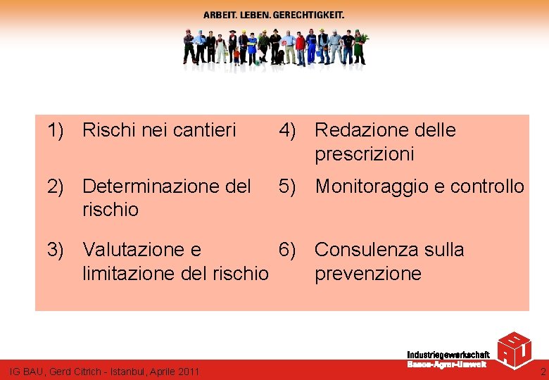 1) Rischi nei cantieri 4) Redazione delle prescrizioni 2) Determinazione del rischio 5) Monitoraggio