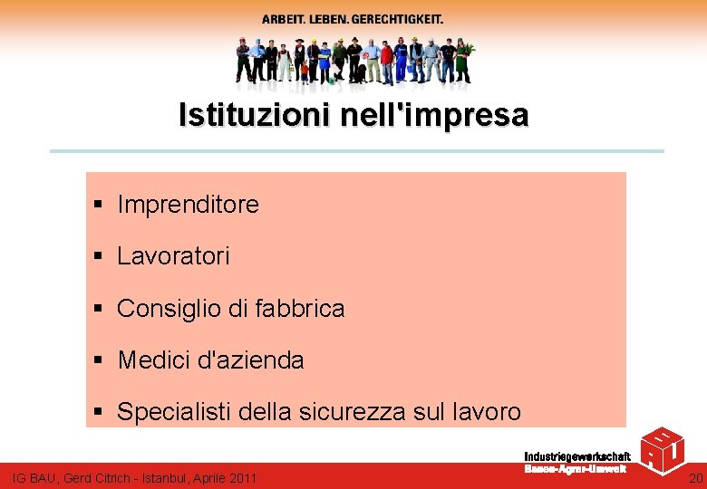 Istituzioni nell'impresa § Imprenditore § Lavoratori § Consiglio di fabbrica § Medici d'azienda §