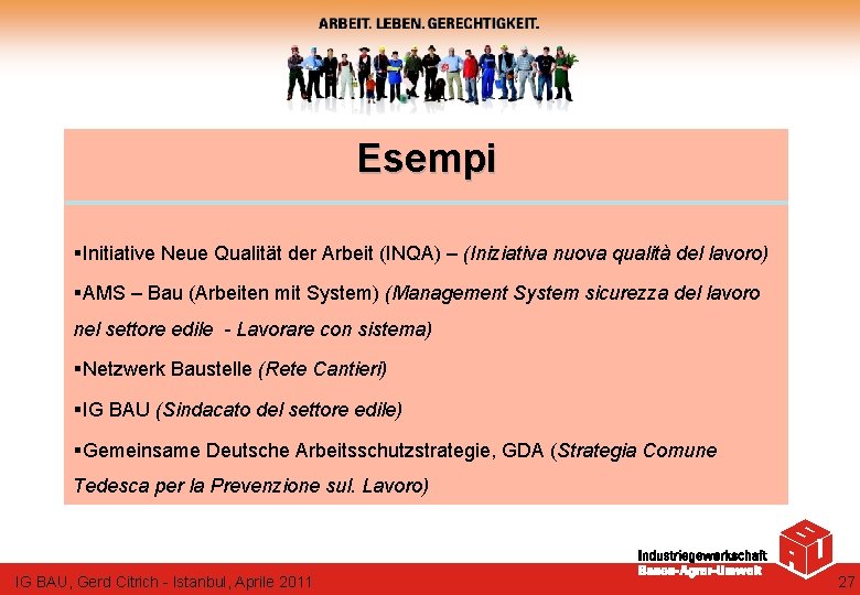 Esempi §Initiative Neue Qualität der Arbeit (INQA) – (Iniziativa nuova qualità del lavoro) §AMS