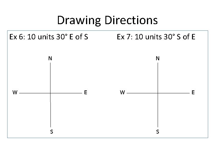 Drawing Directions Ex 6: 10 units 30° E of S Ex 7: 10 units