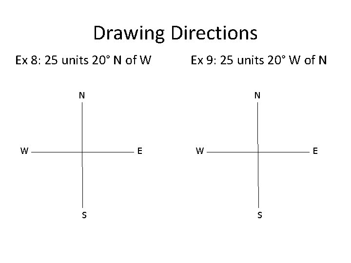 Drawing Directions Ex 8: 25 units 20° N of W Ex 9: 25 units