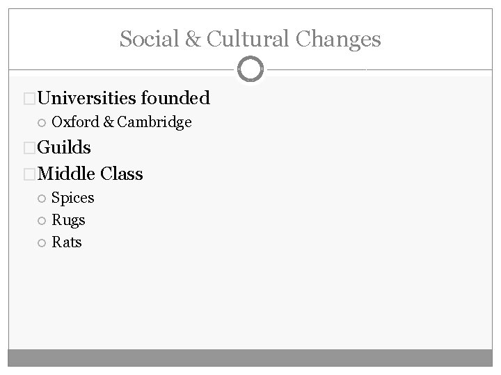 Social & Cultural Changes �Universities founded Oxford & Cambridge �Guilds �Middle Class Spices Rugs