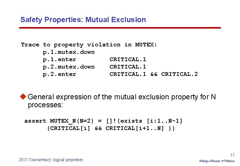 Safety Properties: Mutual Exclusion Trace to property violation in MUTEX: p. 1. mutex. down